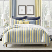 Gino Stripe duvet cover set with multicolor stripes in butter yellow tones, handcrafted in Canada