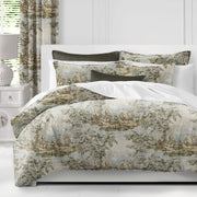 Solene Natural/Aqua duvet cover with a scenic toile pattern in muted aqua, beige and olive tones, styled with matching pillow shams