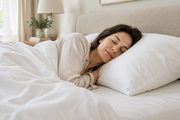 Woman sleeping on her side with her head resting on a white pillow in a neutral bedroom