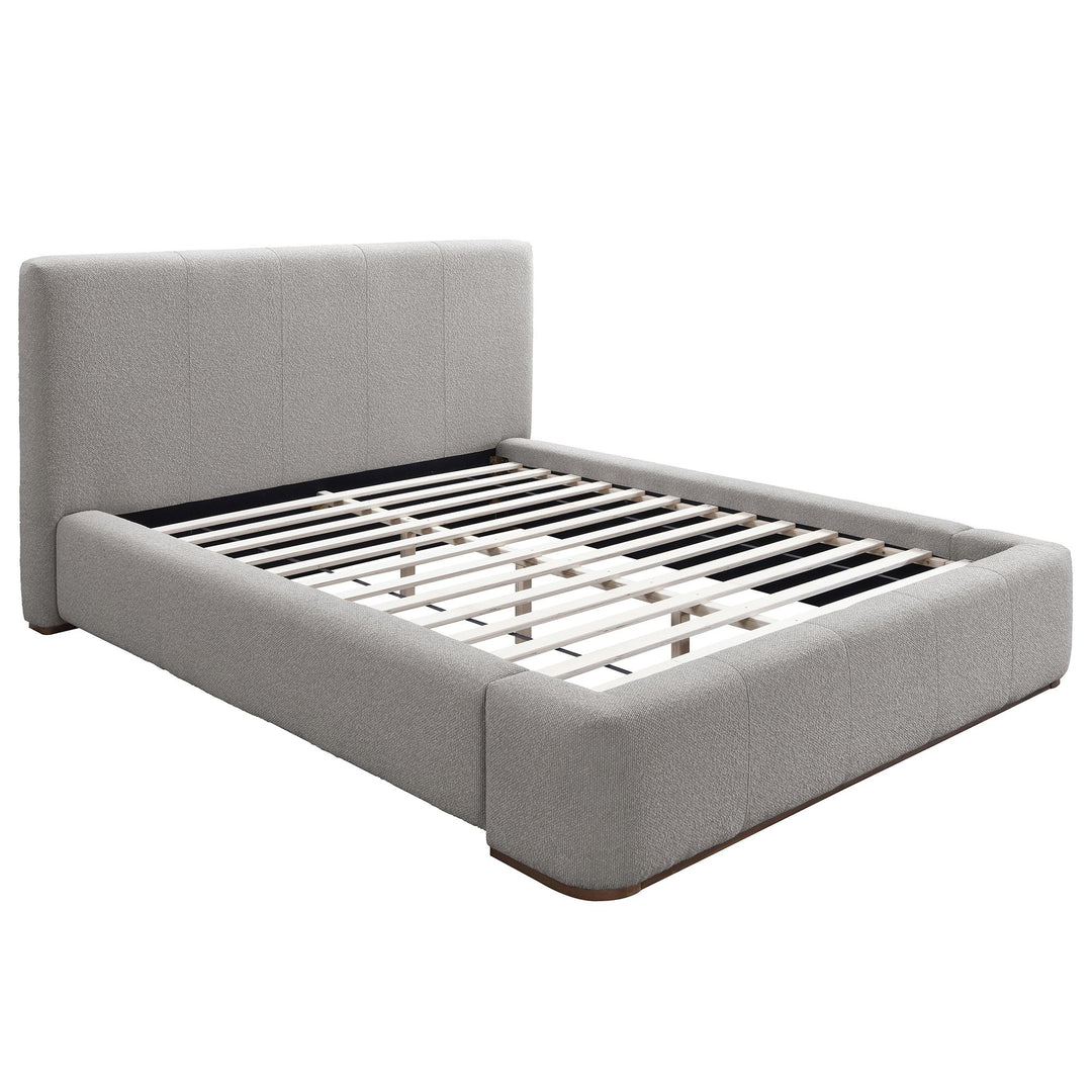 Harrod king platform bed featuring plush foam headboard in mushroom and walnut footboard