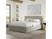 Modern Harrod platform bed with mushroom upholstered headboard and walnut wood base