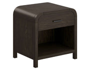 Bowman 1 drawer accent table in dark walnut finish with open shelf and mid-century modern design