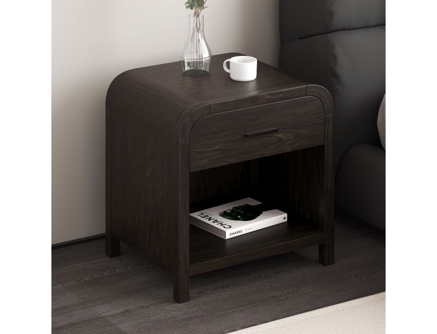 Bowman dark walnut accent table showing fully extending drawer on metal glides