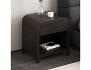 Bowman dark walnut accent table showing fully extending drawer on metal glides