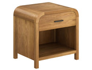 Bowman natural finish accent table showing fully extending drawer on metal glides