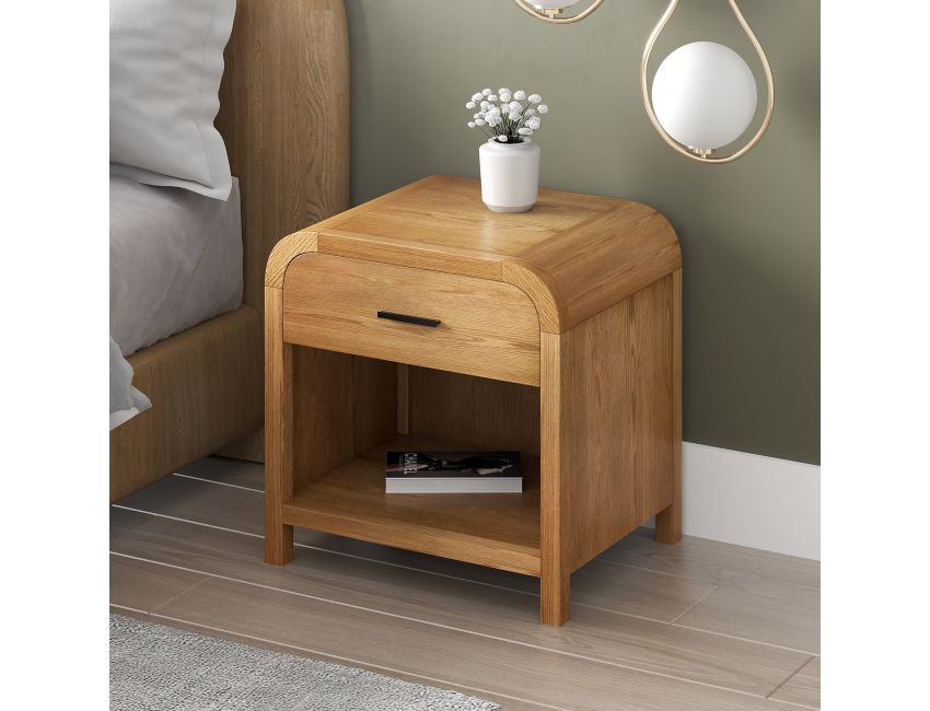 Bowman 1 drawer accent table in natural finish with open shelf and mid-century modern design