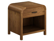 Bowman 1 drawer accent table in walnut finish with open shelf and mid-century modern design