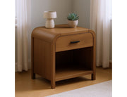 Bowman walnut accent table showing fully extending drawer on metal glides