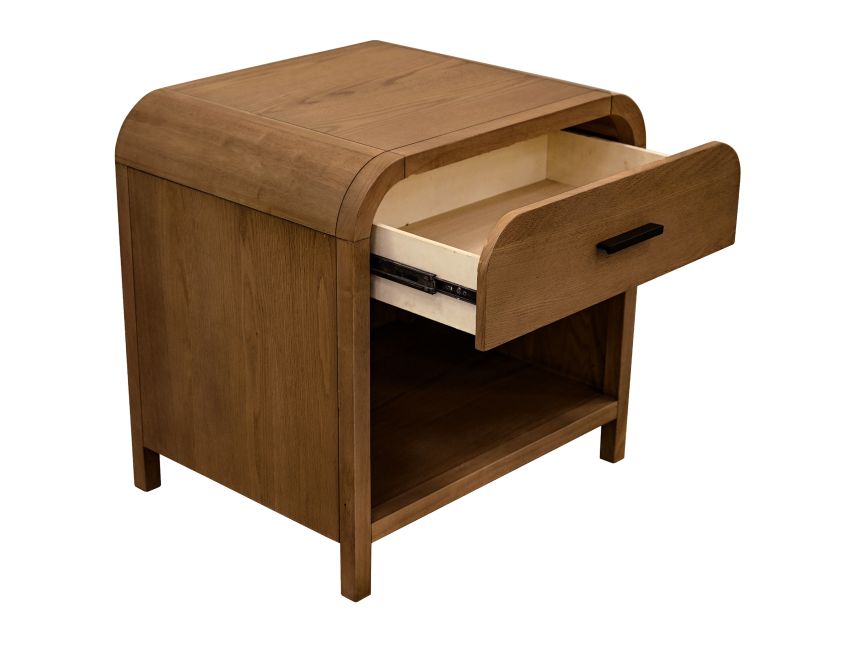 Bowman walnut nightstand side view showing open shelf storage and rubberwood construction