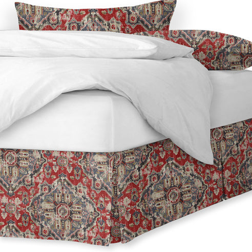 Charvi Red and Blue Bed Skirt Made in Canada – Kilim-Inspired Rouge & Navy Linen Blend, 15 inch Drop