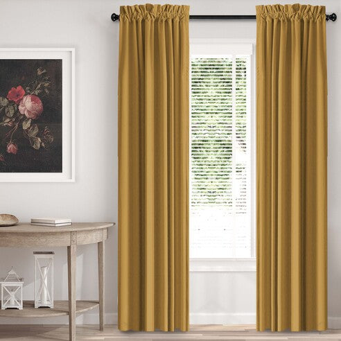 Cascade Velvet Curry drapery panels in a warm golden colour by 6ix Tailors, made in Canada