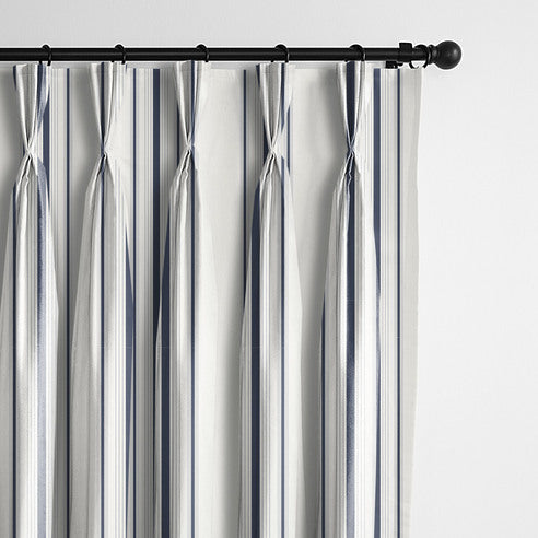 August Stripe Denim drapery panels by 6ix Tailors, made in Canada