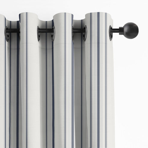 August Stripe Denim drapery panels by 6ix Tailors, made in Canada