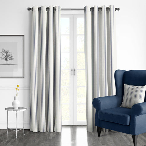 August Stripe Denim drapery panels by 6ix Tailors, made in Canada