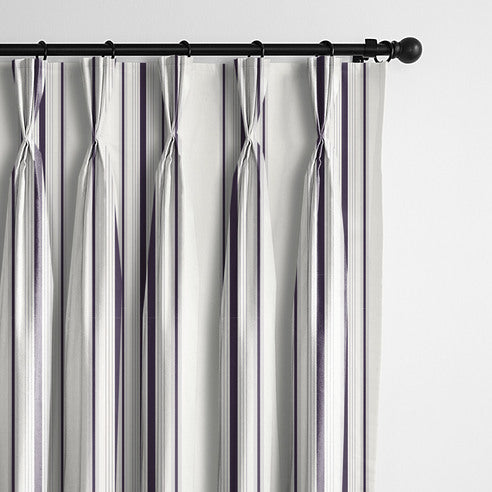 August Stripe Eggplant drapery panels by 6ix Tailors, made in Canada