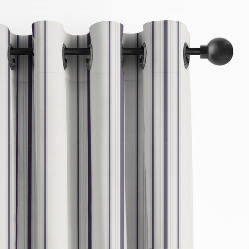 August Stripe Eggplant drapery panels by 6ix Tailors, made in Canada