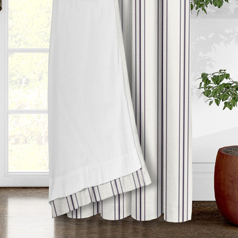 August Stripe Eggplant drapery panels by 6ix Tailors, made in Canada