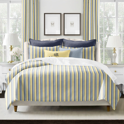 Gino Stripe duvet cover set with multicolor stripes in butter yellow tones, handcrafted in Canada
