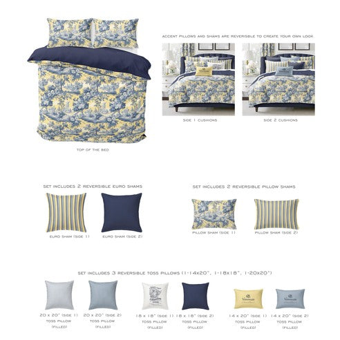 Giverny comforter  set styled on bed with garden-inspired floral design, reversible to indigo cotton
