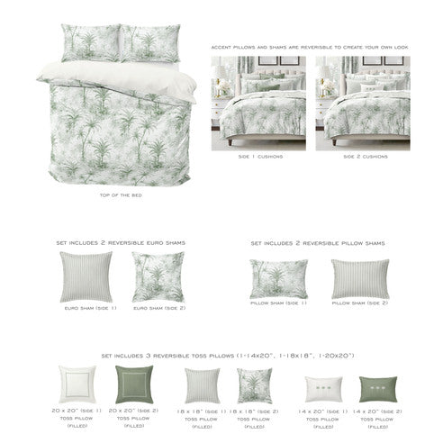 Palmora complete bedding set with decorative pillows featuring tropical palm and floral pattern