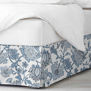 Bronte Bed Skirt Made in Canada – Cornflower Blue Jacobean Floral on Antique White, 100% Cotton Slub