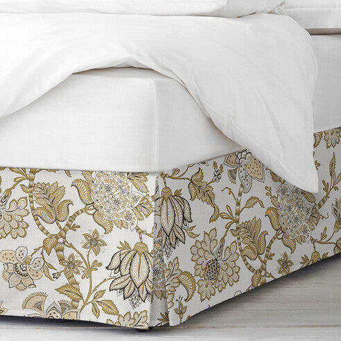 Bronte Bed Skirt Made in Canada – Gold Colorway, 15 inch Drop, Jacobean Floral Design