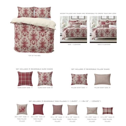 Bedding set with red and white floral pattern on a white background