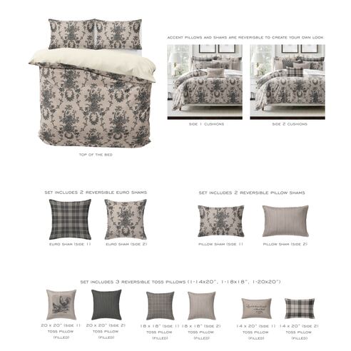 Bedding set with reversible shams and pillows on a white background