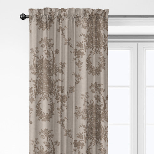 Close-up of Country Lane Natural pole top drapery showing gathered fabric and taupe floral motifs on a beige background.