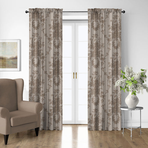 Country Lane Natural pole top floral drapery panels framing white French doors beside a silver table with flowers.