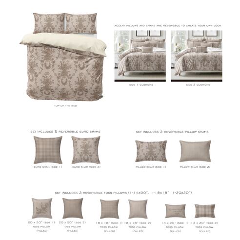 Bedding set with reversible shams and pillows on a white background