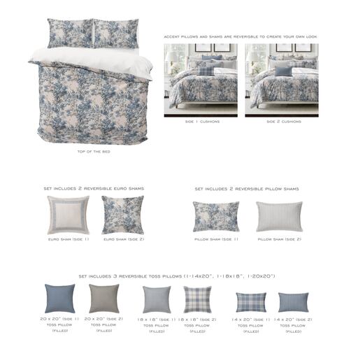 Bedding set with reversible shams and pillows on a white background