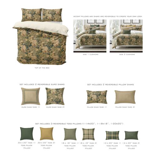 Camouflage bedding set with reversible shams and toss pillows on a white background.