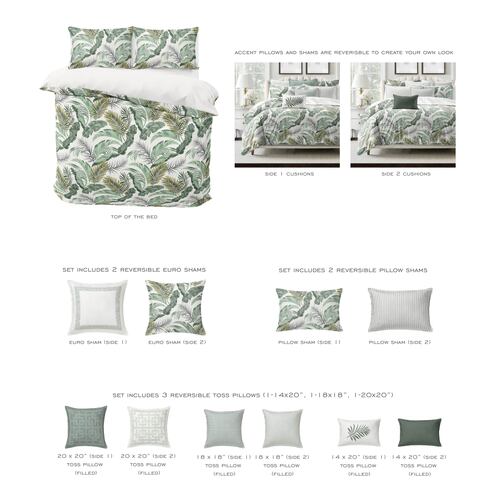 Frondosa duvet cover set styled on bed with nature-inspired palm frond design, reversible to antique white cotton