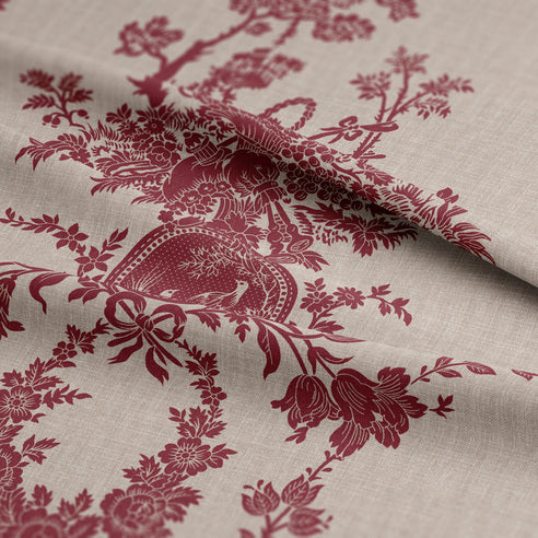 Red floral and bird pattern on beige fabric