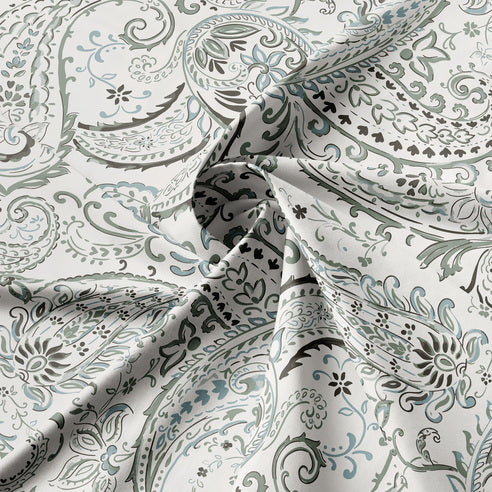  Close-up of Paisley Seafoam bedding fabric showing seafoam green and grey paisley and floral motifs on white