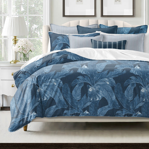 Palomino Denim COVERLET set with tropical palm fronds on deep denim background - Made in Canada cotton twill bedding