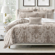 Country Lane duvet cover set on bed with crimson ivy and rose toile pattern, handcrafted in Canada