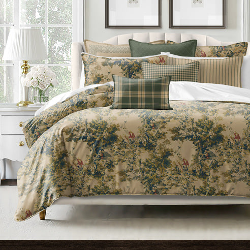 Dolce bedding set featuring abstract forest motif in blue and beige with OEKO-TEX certified cotton slub fabric