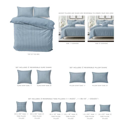 Shay broad ticking stripe bedding set flat lay showing reversible design with solid cotton backing