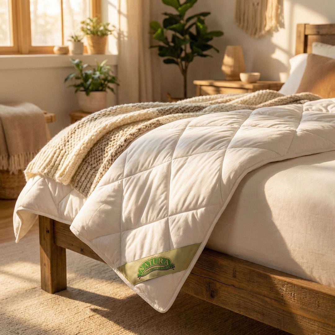 Natura Deluxe Washable Wool Duvet in white cotton sateen cover styled on a bed