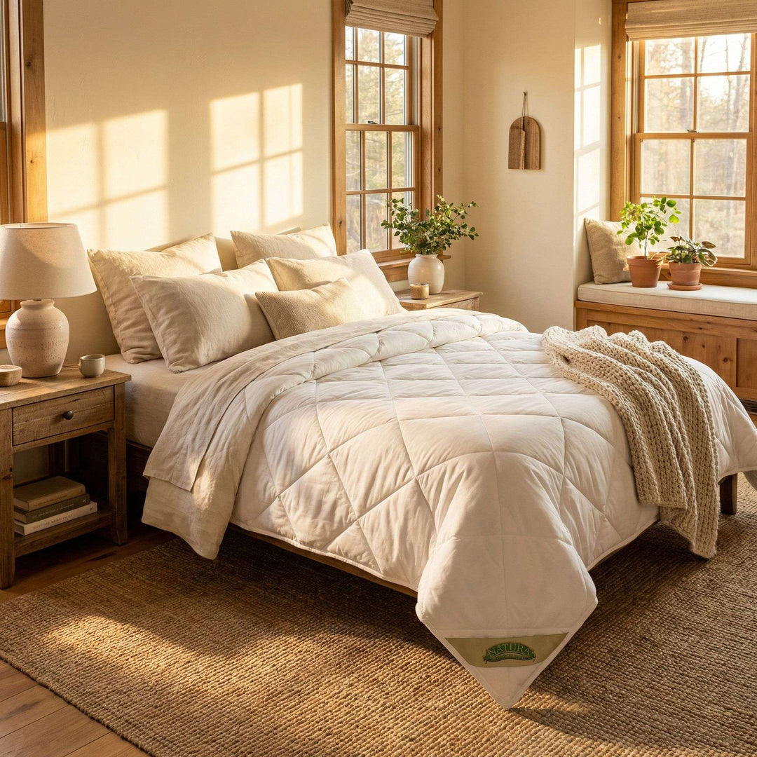 Close-up of Natura Deluxe Washable Wool Duvet showing soft 100% cotton sateen fabric and Natura Wool fill