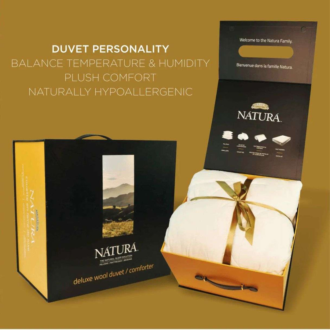 Natura Deluxe Washable Wool Duvet label showing 100% Washable Natura Wool fill 300 gsm