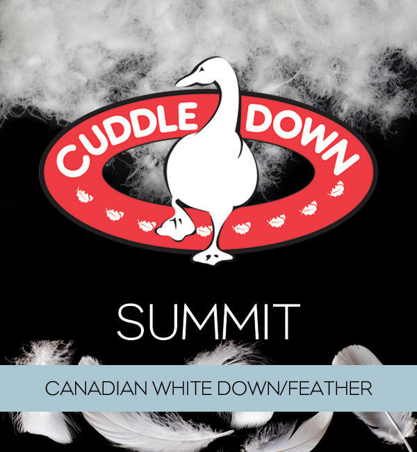 Summit Pillow Firm by Cuddle Down – Down-Filled Outer Shell and Feather-Filled Inner Core, available in Standard, Queen, and King sizes