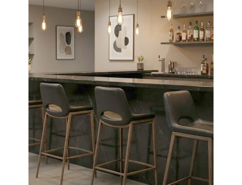Icona 30 inch black and walnut bar stool side view showing contoured back and cushioned seat
