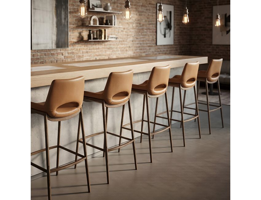 Icona 30 inch saddle and walnut bar stool side view showing contoured back and cushioned seat