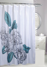 BLUE SKETCH FLORAL SHOWER CURTAIN FABRIC WHT/BLK/TEAL 70