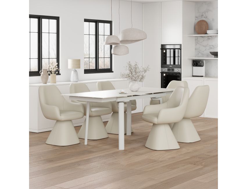 Bellaro and Caprese 7-piece dining set with travertine sintered stone extendable table and cream faux leather swivel chairs