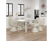 Bellaro and Caprese 7-piece dining set with travertine sintered stone extendable table and cream faux leather swivel chairs