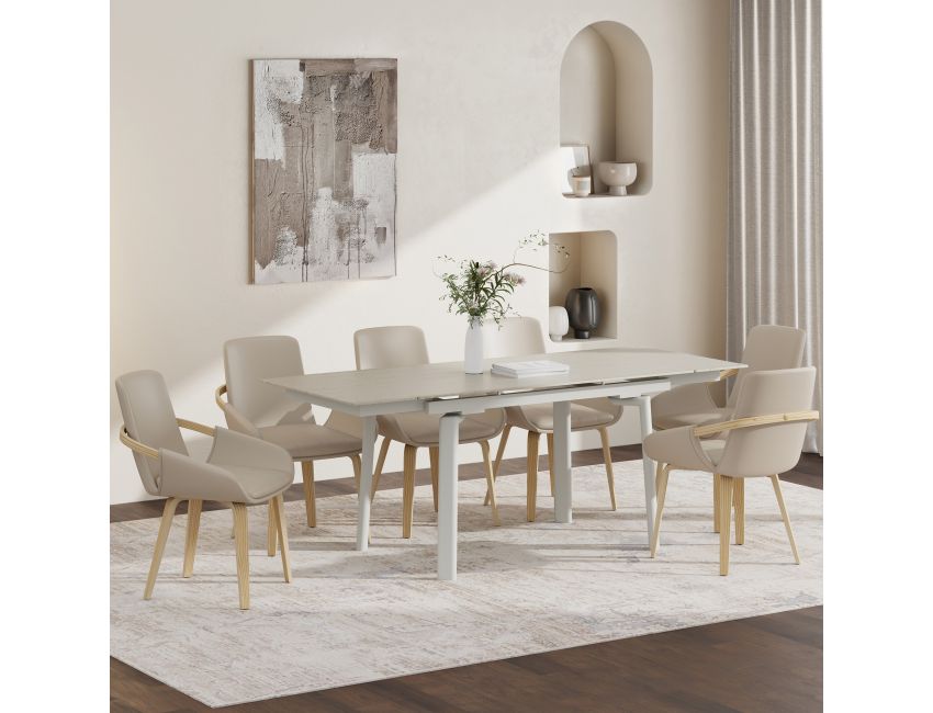 Bellaro and Caspian 7-piece dining set with travertine sintered stone extendable table in cream and sand faux leather chairs with light oak bentwood legs